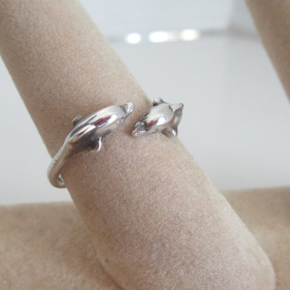 VTG Sterling Silver 925 Two Dolphins Ring Ocean Sea Animal Size 7 Adjustable
